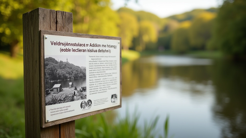 Informační tabule s textem a historickou fotografií připevněná na dřevěný sloup u řeky