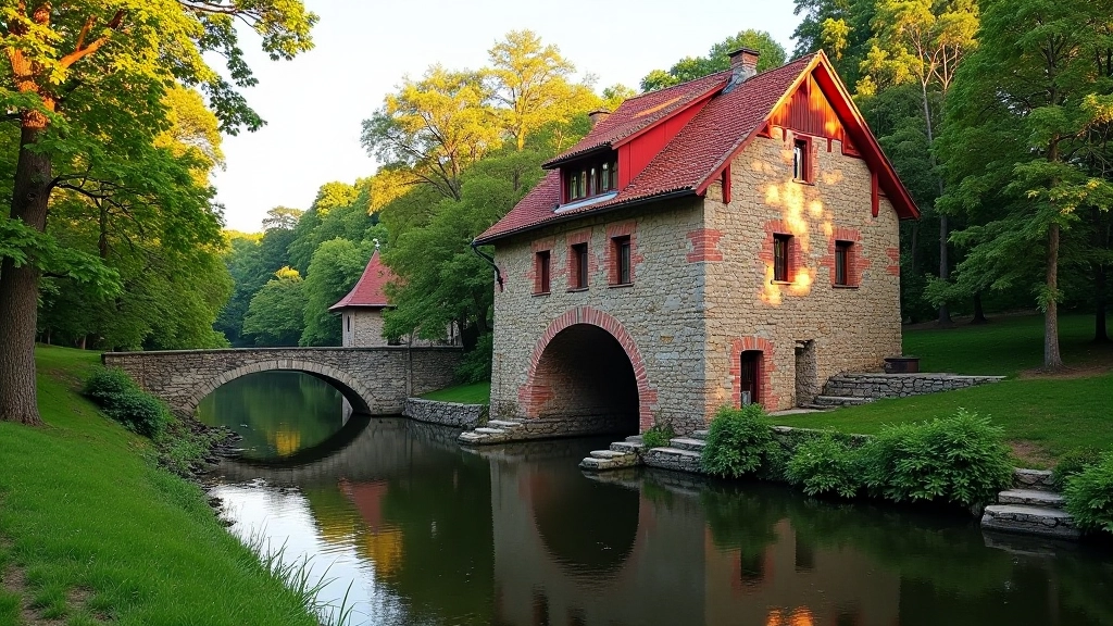 Starý vodní mlýn u jezera s červenými střešními taškami a historickou kamennou stavbou