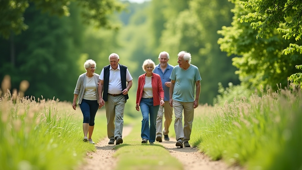 Skupina seniorů jdoucí spolu po lesní cestě