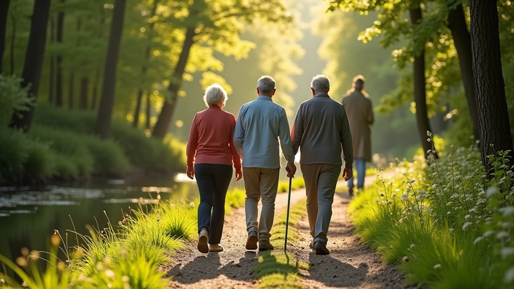 Skupinová procházka seniorů po lesní stezkě u vody